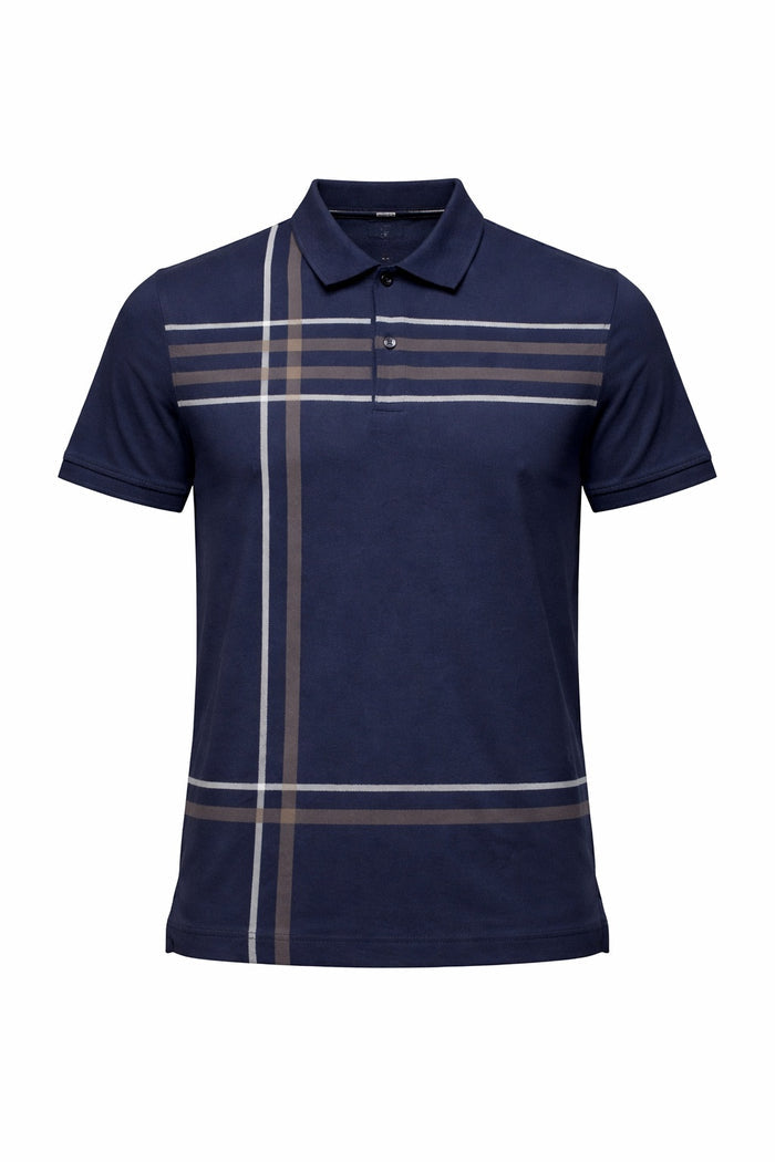 Men Navy Striped Polo Collar T-shirt