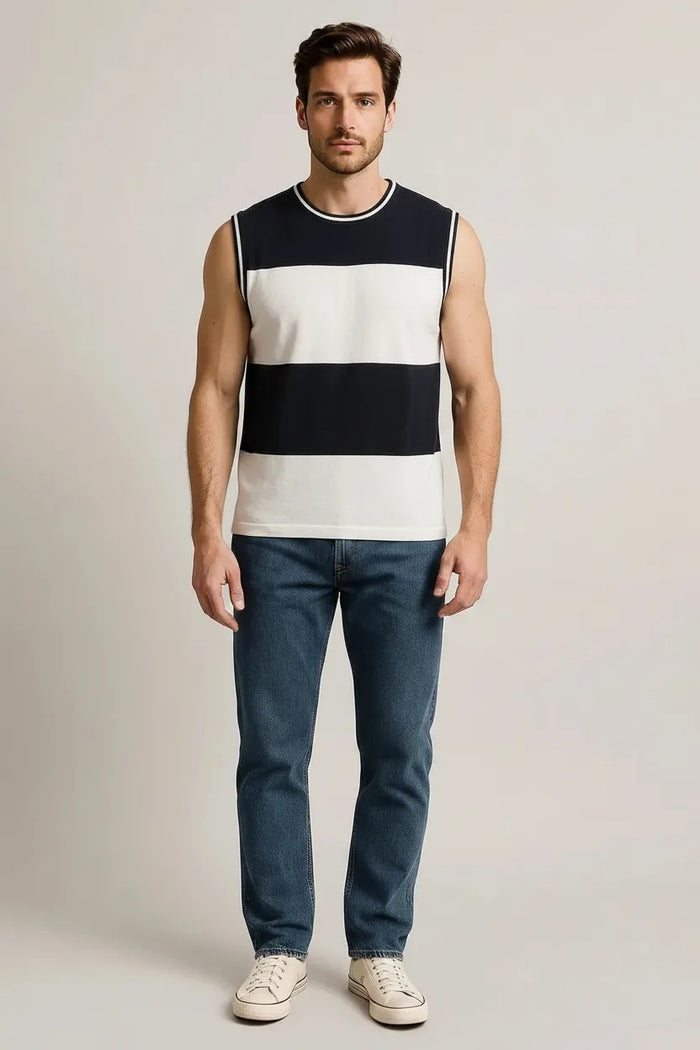 Men Navy Striped T-shirt