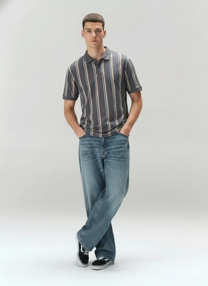 Men Navy White Striped Polo Collar T-shirt
