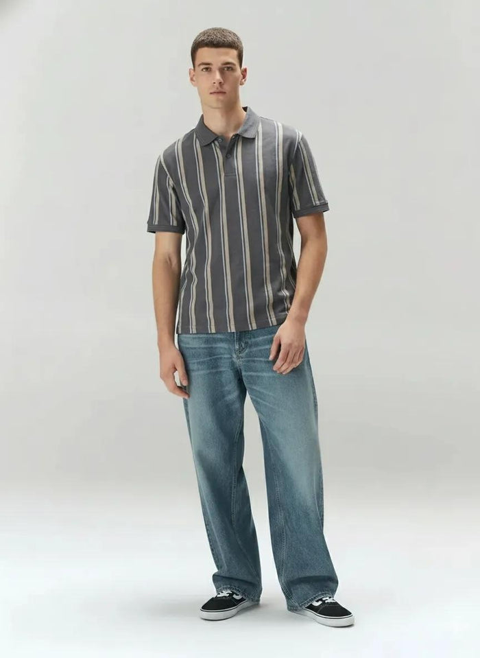 Men Navy White Striped Polo Collar T-shirt