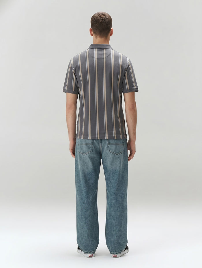 Men Navy White Striped Polo Collar T-shirt