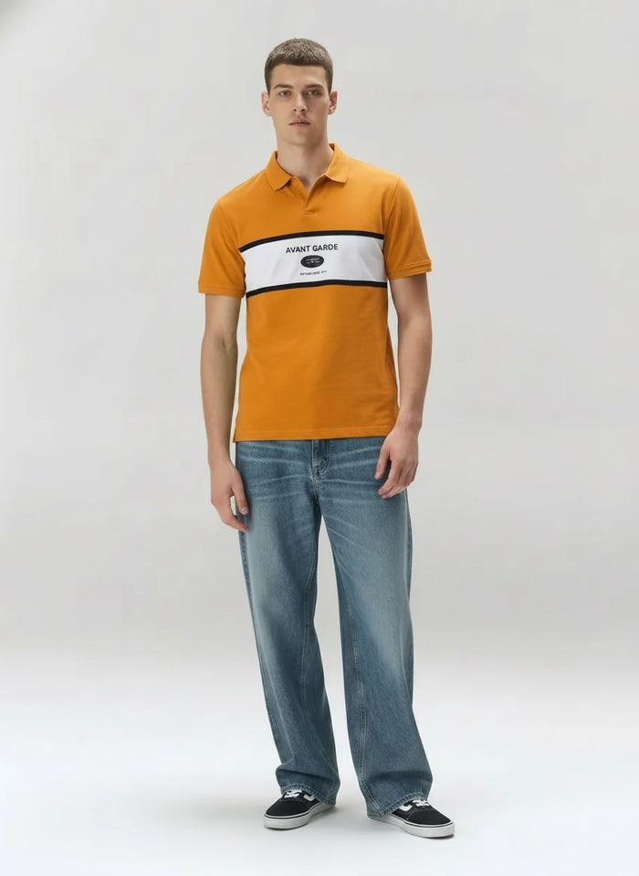 Men Oak Buff Typography Colourblocked Polo Collar T-shirt