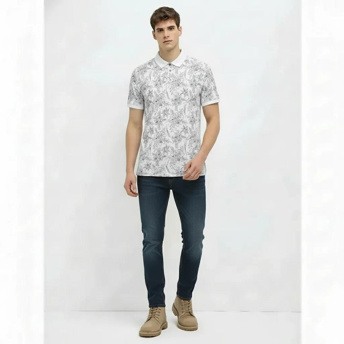 Men Off White Floral Printed Polo Collar T-shirt