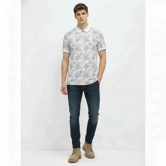 Men Off White Floral Printed Polo Collar T-shirt