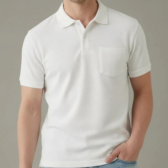 Men Off White Polo Collar Pockets T-shirt