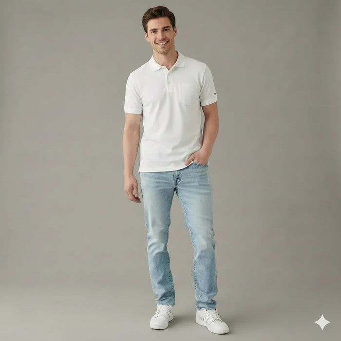 Men Off White Polo Collar Pockets T-shirt