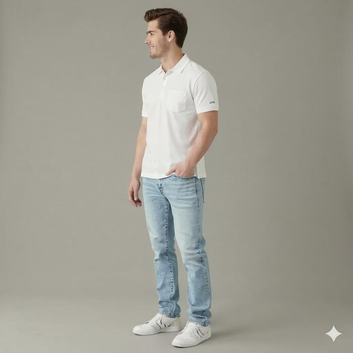 Men Off White Polo Collar Pockets T-shirt