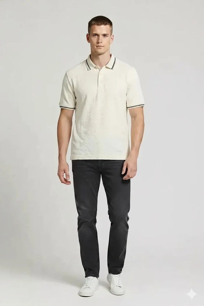 Men Off White Polo Collar T-shirt