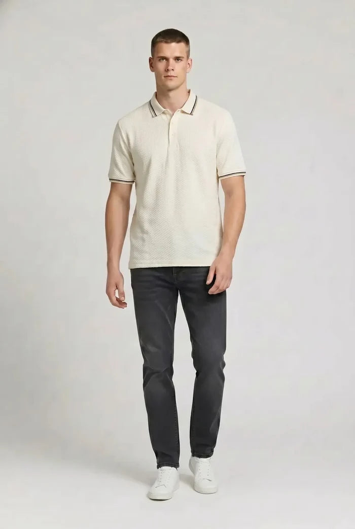 Men Off White Polo Collar T-shirt