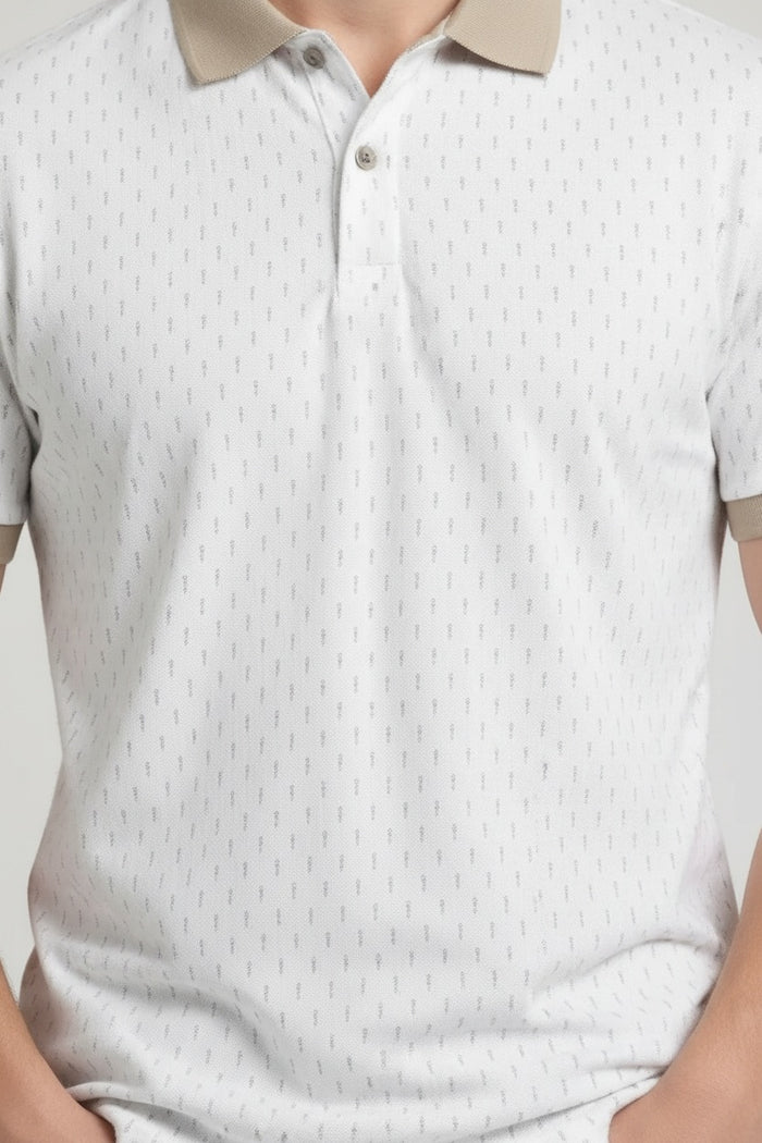 Men Off White Printed Polo Collar T-shirt