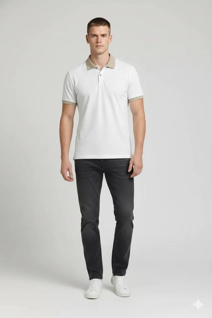 Men Off White Printed Polo Collar T-shirt