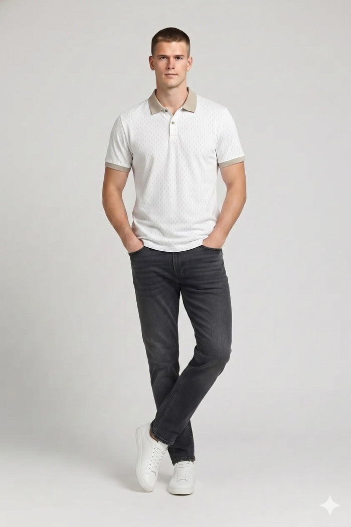 Men Off White Printed Polo Collar T-shirt