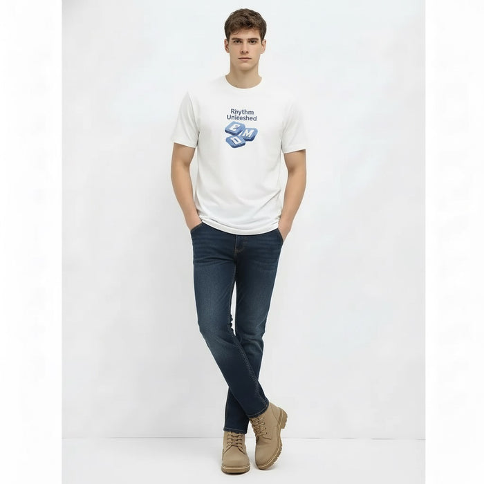 Men Off White Printed Round Neck T-shirt