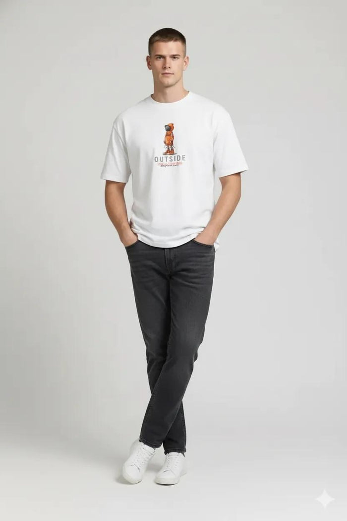 Men Off White Printed Round Neck T-shirt