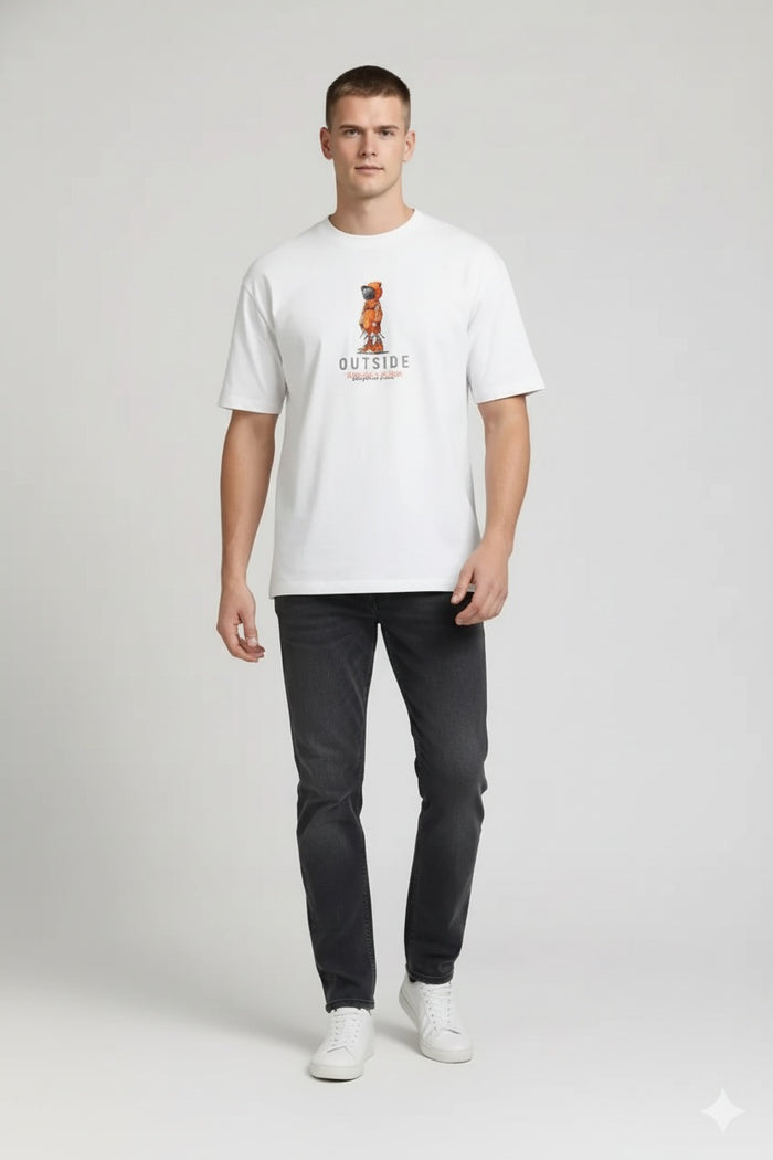 Men Off White Printed Round Neck T-shirt