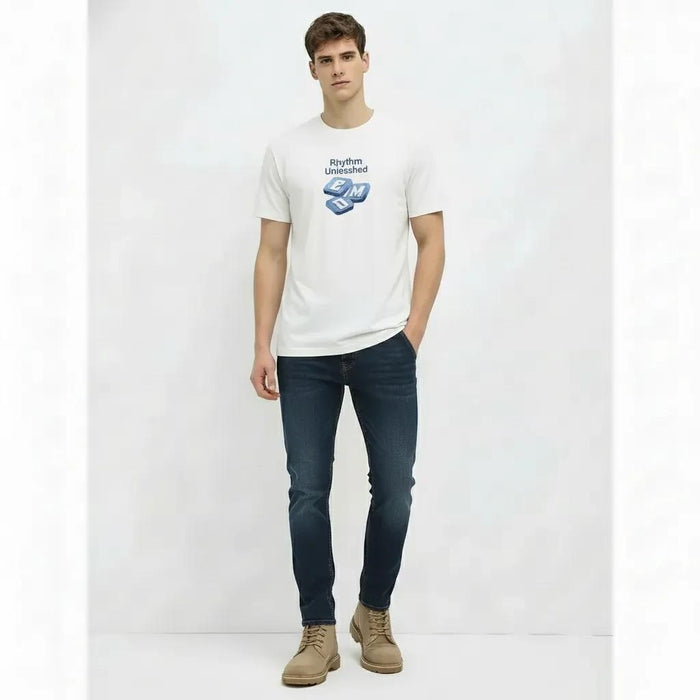 Men Off White Printed Round Neck T-shirt