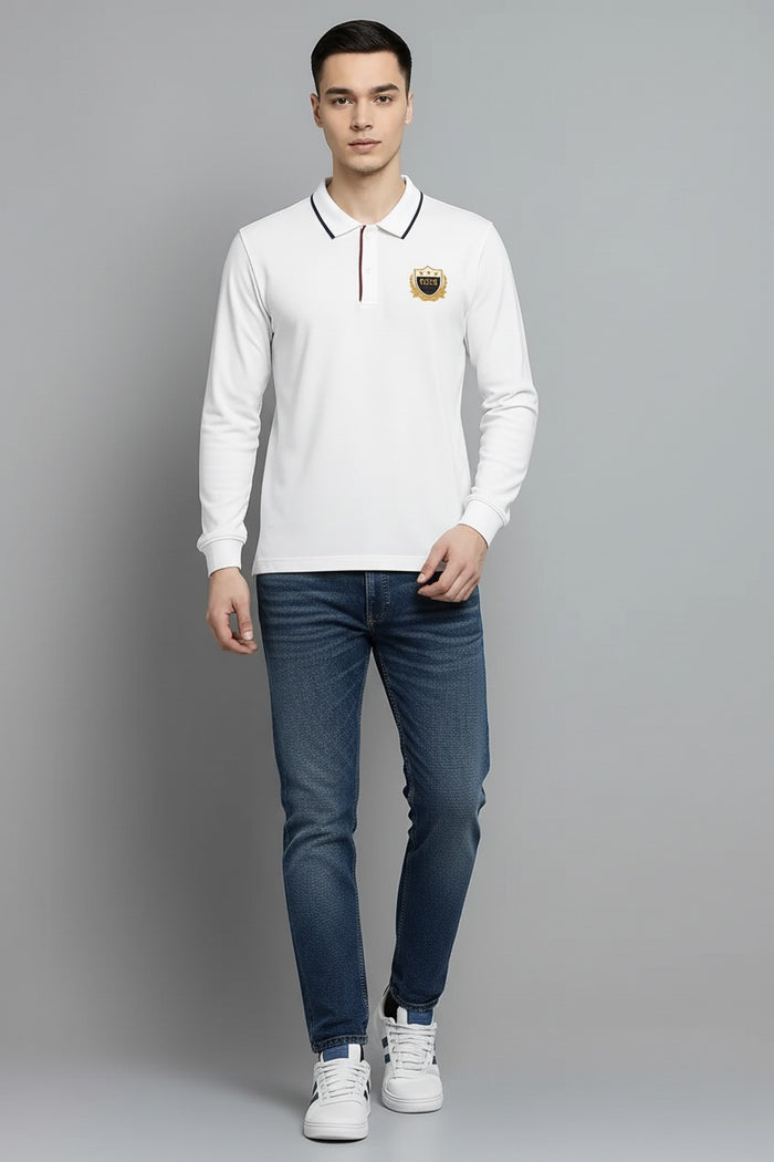 Men Off White Solid Polo Collar T-shirt
