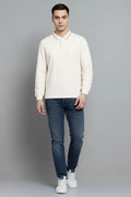 Men Off White Striped Polo Collar T-shirt