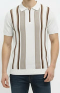 Men Off White Striped Polo Collar T-shirt