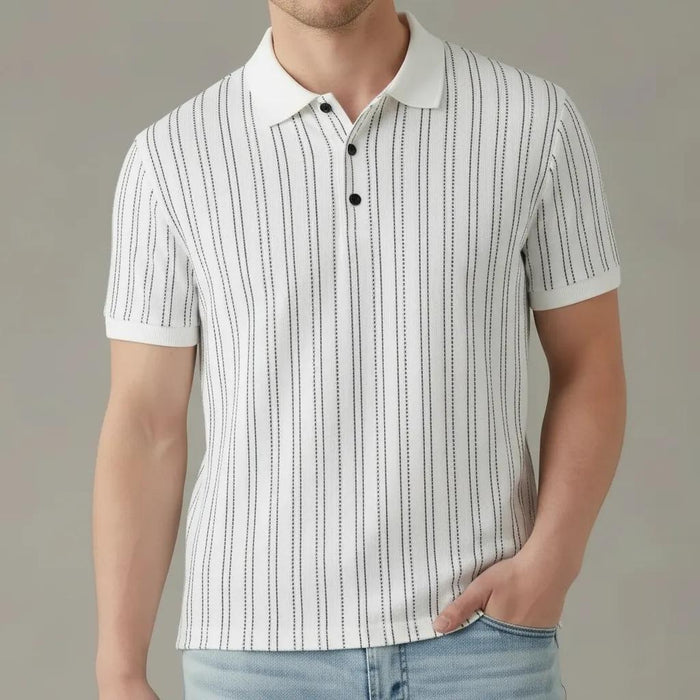 Men Off White Striped Polo Collar T-shirt