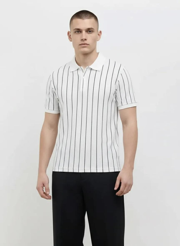 Men Off White Striped Polo Collar T-shirt