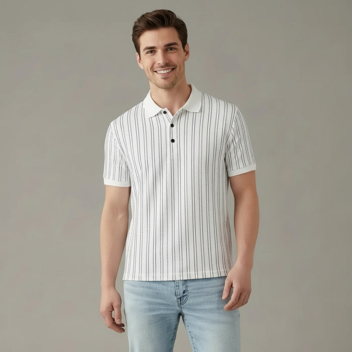 Men Off White Striped Polo Collar T-shirt