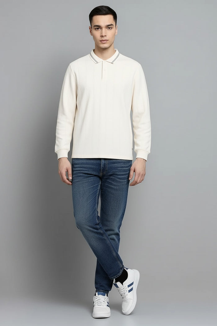 Men Off White Striped Polo Collar T-shirt