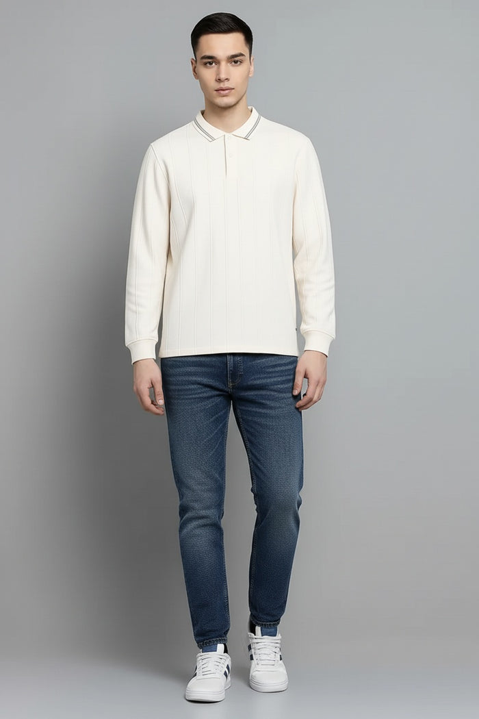 Men Off White Striped Polo Collar T-shirt