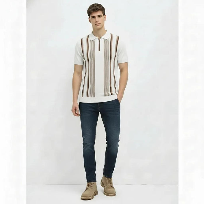 Men Off White Striped Polo Collar T-shirt