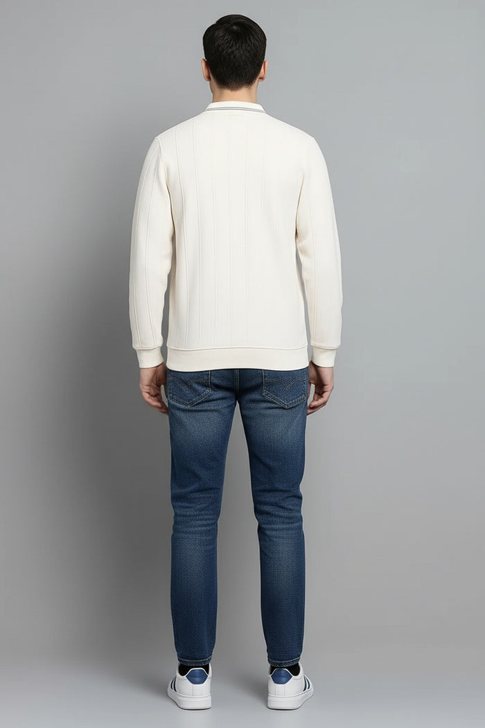 Men Off White Striped Polo Collar T-shirt