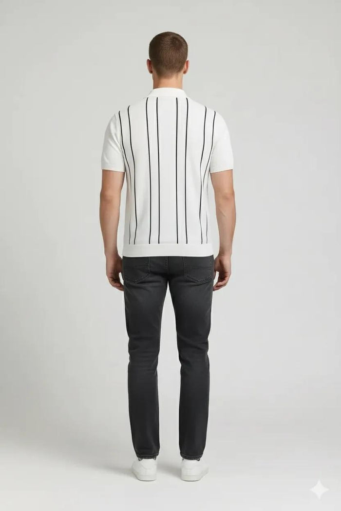 Men Off White Striped Polo Collar T-shirt
