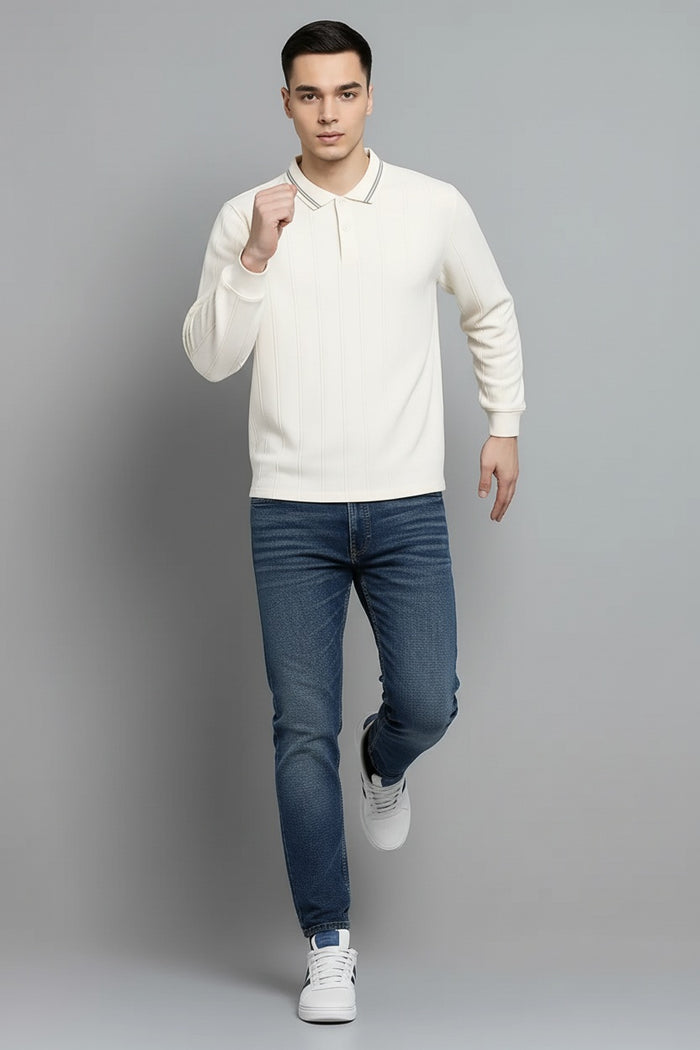 Men Off White Striped Polo Collar T-shirt
