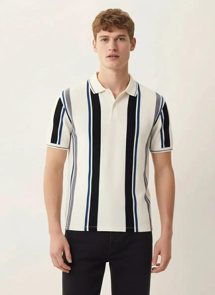 Men Off White Striped Polo Collar T-shirt