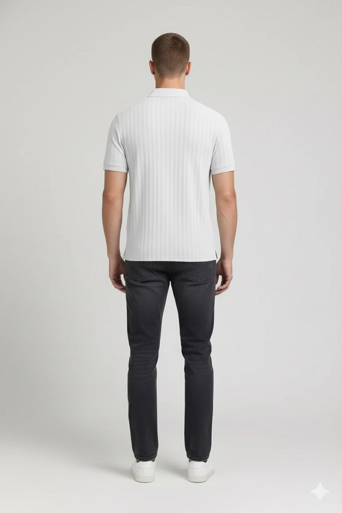 Men Off White Striped Polo Collar T-shirt
