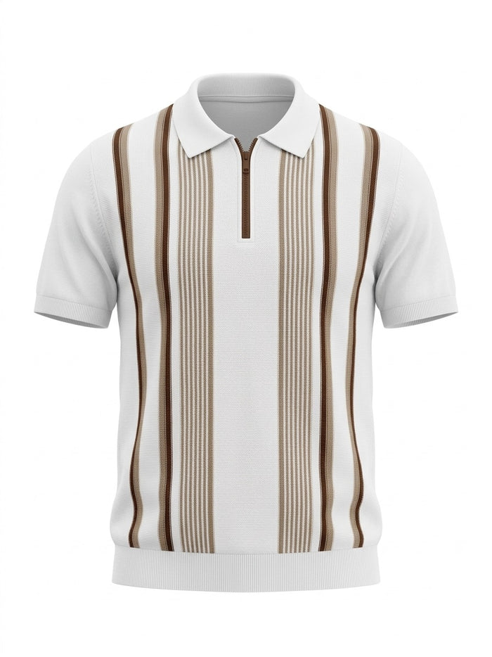 Men Off White Striped Polo Collar T-shirt