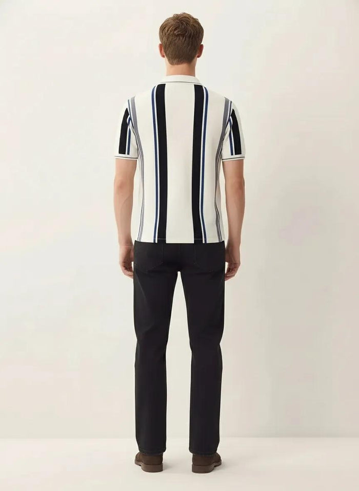 Men Off White Striped Polo Collar T-shirt