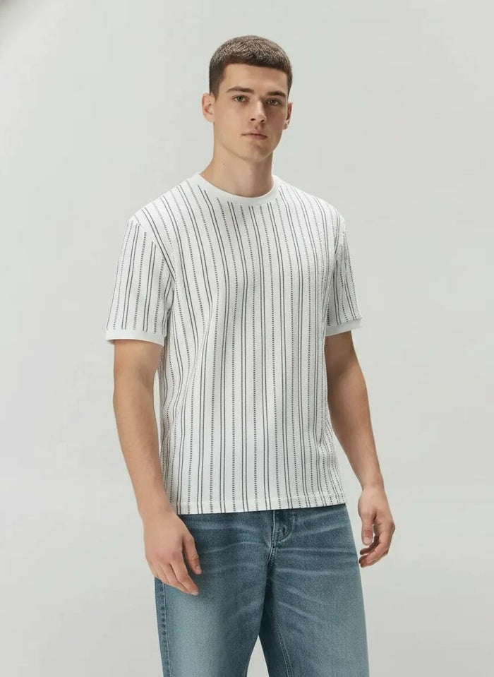 Men Off White Striped Round Neck T-shirt