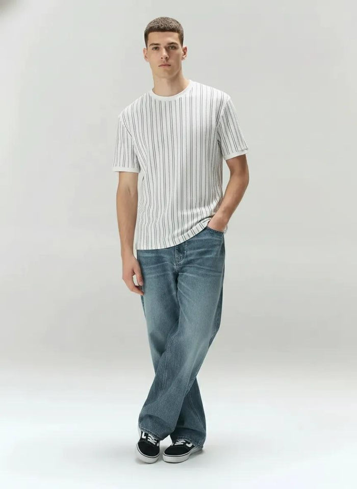 Men Off White Striped Round Neck T-shirt