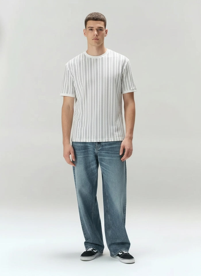 Men Off White Striped Round Neck T-shirt