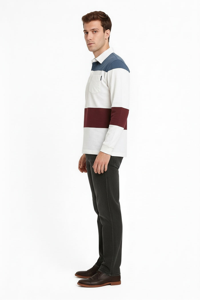 Men Off White Typography Colourblocked Polo Collar Pockets T-shirt