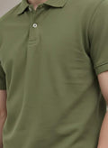 Men Oil Green Polo Collar Solid T-shirt