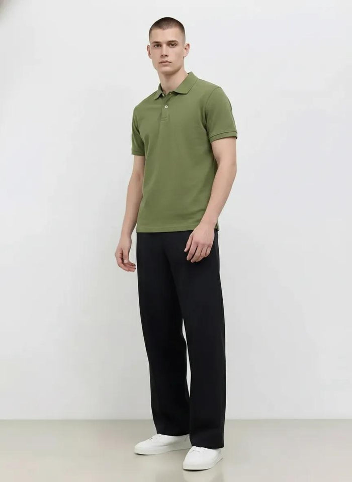 Men Oil Green Polo Collar Solid T-shirt