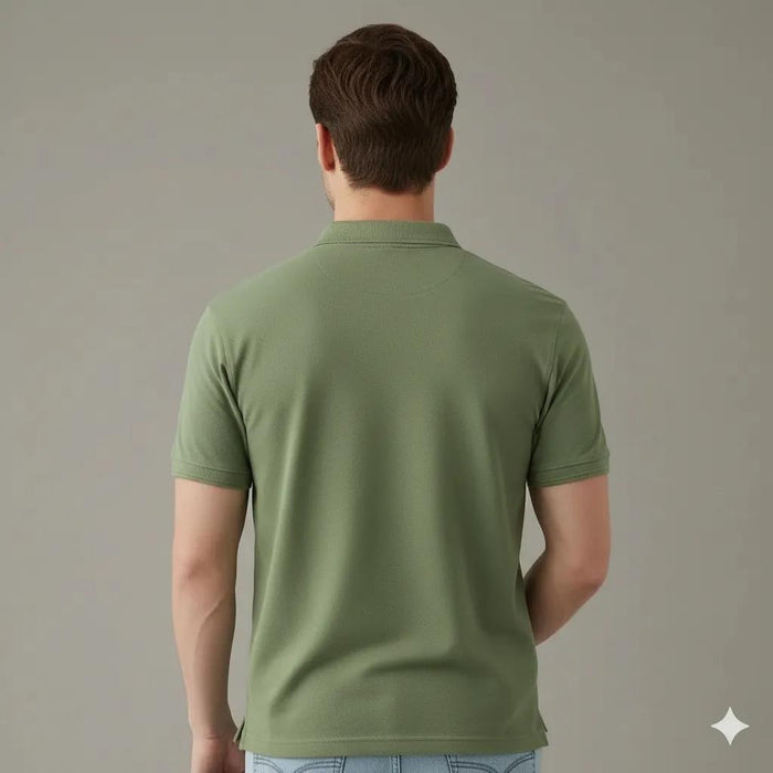 Men Oil Green Polo Collar Solid T-shirt