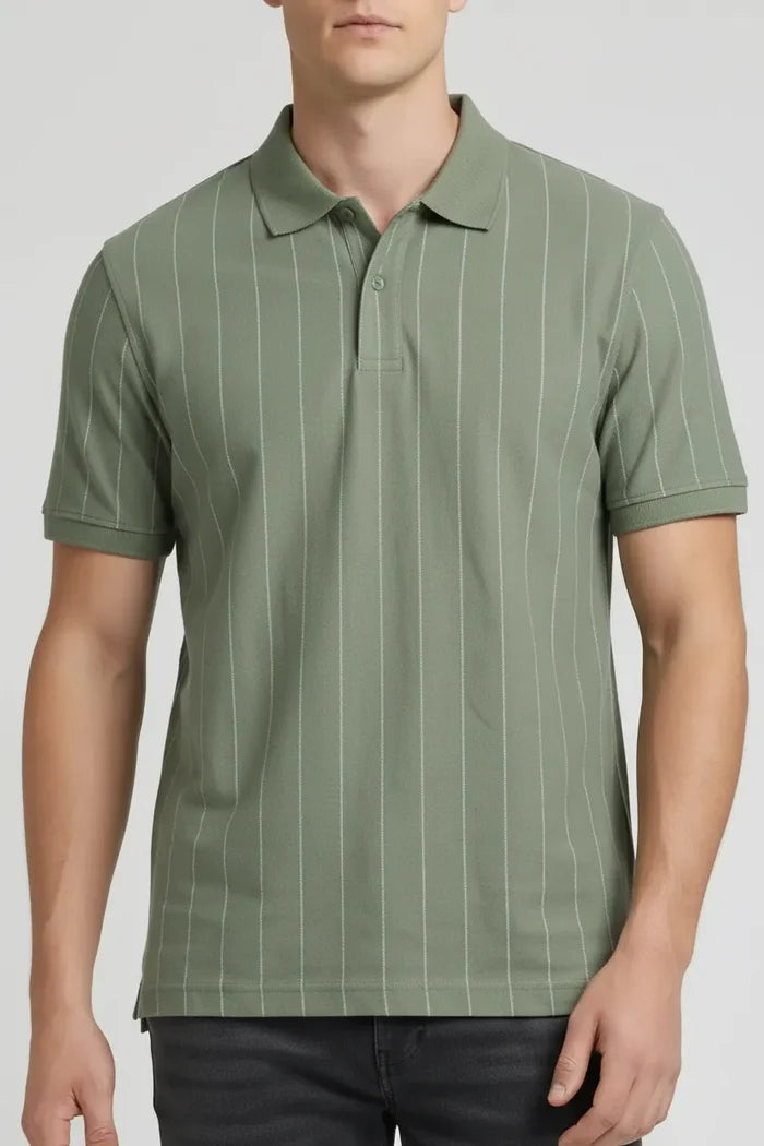 Men Oil Green Striped Polo Collar T-shirt