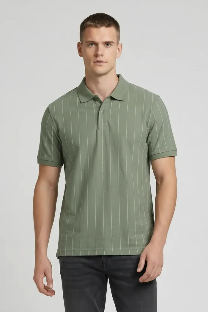 Men Oil Green Striped Polo Collar T-shirt