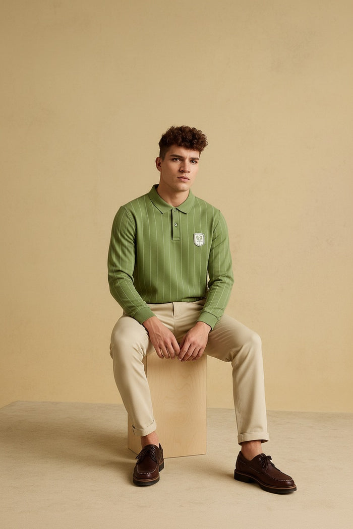 Men Oil Green Striped Polo Collar T-shirt