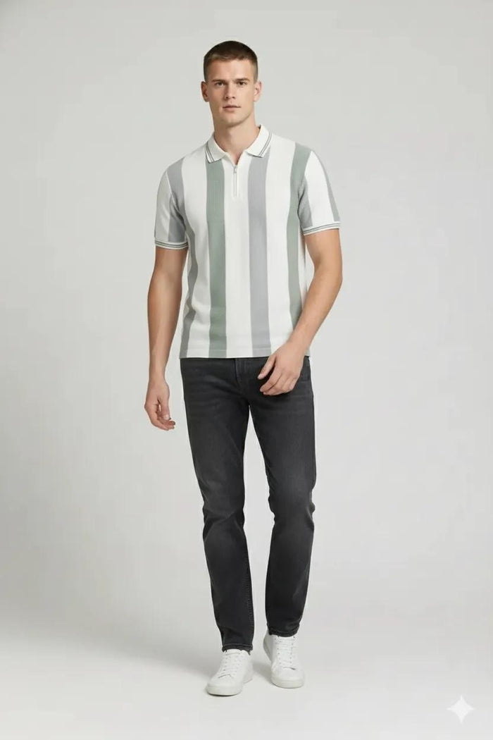 Men Oil Green Striped Polo Collar T-shirt