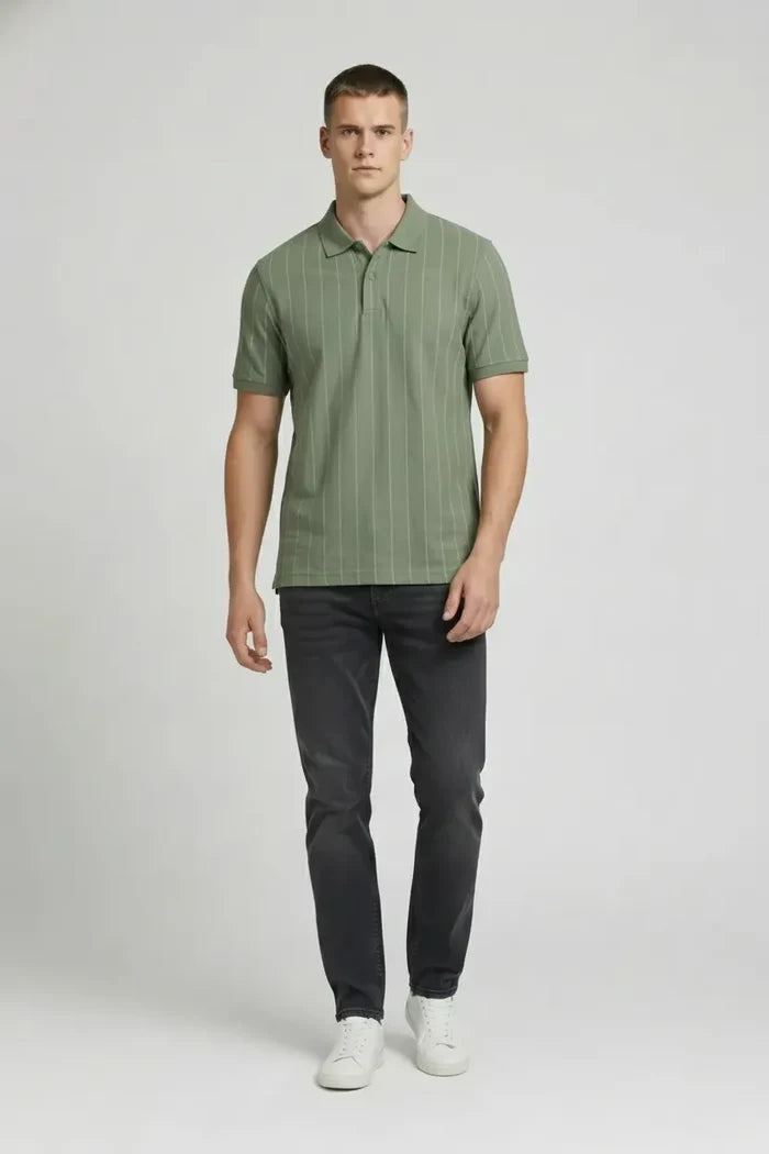 Men Oil Green Striped Polo Collar T-shirt