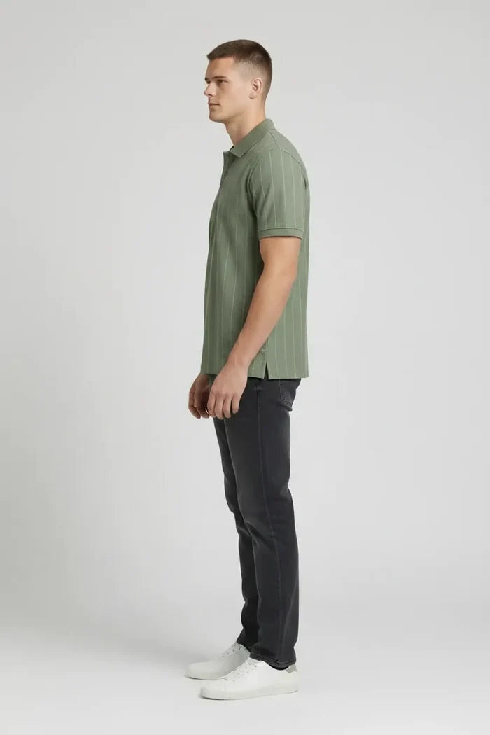Men Oil Green Striped Polo Collar T-shirt