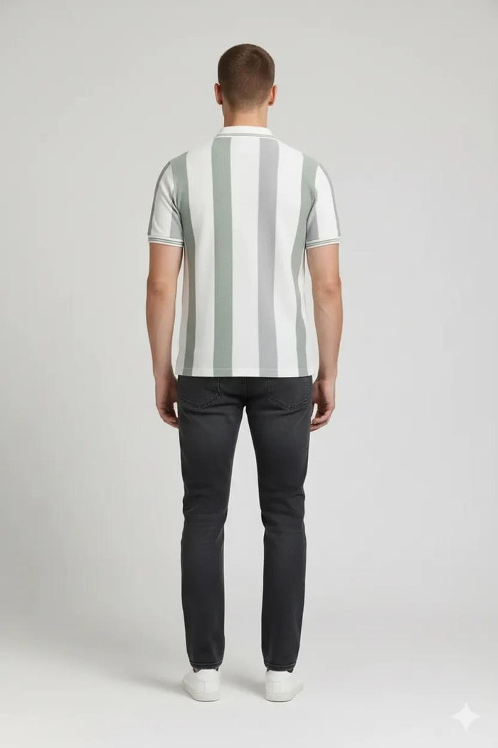 Men Oil Green Striped Polo Collar T-shirt